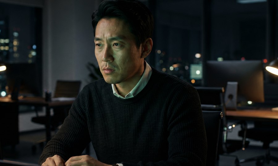 야간 사무실에서 보고서 자동화 화면을 확인하는 마케터